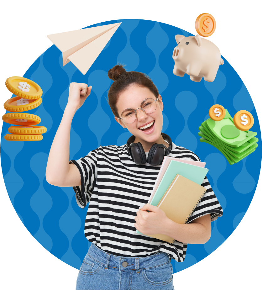 Mujer joven, celebrando, sosteniendo papeles y cuadernos. Arriba de ella íconos de ahorro y un avión de papel.